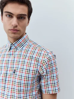 Next - Chemise Oxford Easy Iron boutonnée à manches courtes Vichy bleu/rouge New