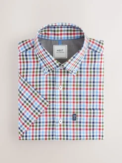 Next - Chemise Oxford Easy Iron boutonnée à manches courtes Vichy bleu/rouge New