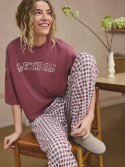 Next - Pyjama à manches courtes en coton Vichy violet mauve Sale