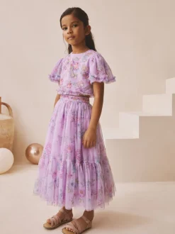 Next Violet lilas - Ensemble Lehenga haut et jupe fleuri avec ornements (3-16ans) Sale