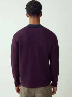 Next - Col zippé - Polo N.premium en maille à manches longues haut de gamme à manches longues Violet/bleu marine Clearance