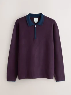 Next - Col zippé - Polo N.premium en maille à manches longues haut de gamme à manches longues Violet/bleu marine Clearance
