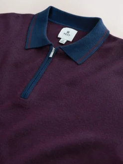 Next - Col zippé - Polo N.premium en maille à manches longues haut de gamme à manches longues Violet/bleu marine Clearance