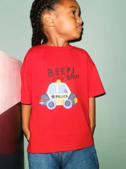 Next - T-shirt appliqué Manches courtes (3mths-7yrs) Voiture de police rouge New