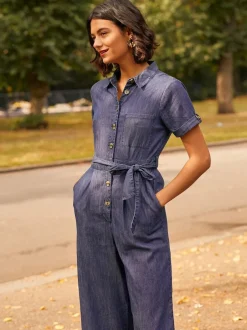 Yumi 100% Coton Denim Button Jumpsuit Hot